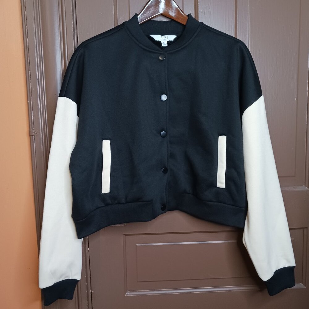 Cult Brand Women's size XL Block Cropped Varsity Jacket Black White